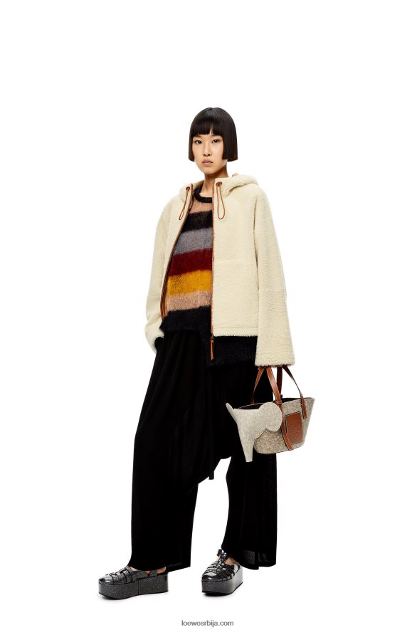 Loewe Жене јакна са патент затварачем са капуљачом од стриже мека бела/смеђа HJTY1151