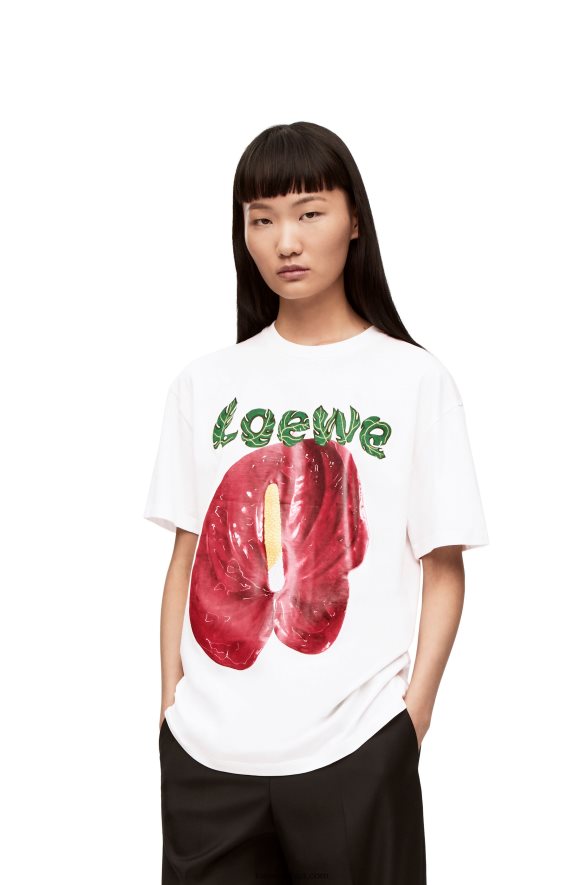 Loewe Жене Мајица са цветом антуријума у ​​памучном дресу бело црвена HJTY798