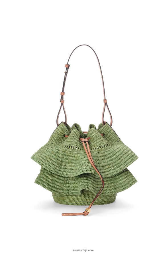 Loewe Жене балон торба са воланима од рафије и телеће коже зелена/тан HJTY66