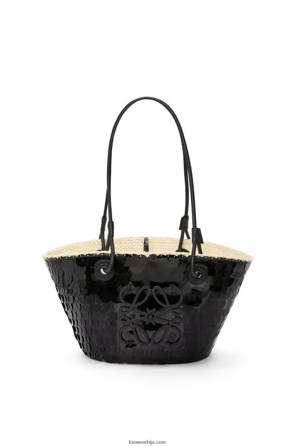 Loewe Жене мала анаграмска корпа од шљокица ираца палме и телеће коже црн HJTY71